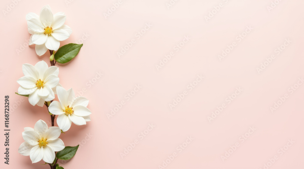 A Delicate Arrangement of Ivory Gardenias Lined Horizontally Against a Soft Blush Pink Background A Delicate Arrangement of Ivory Gardenias Lined Horizontally Against a Soft Blush Pink Background