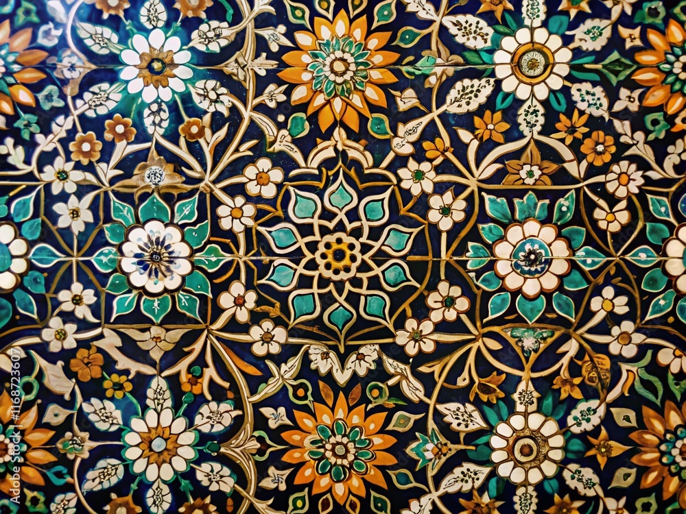 Low Light Arabic Tile Fresco with White & Black Flowers Low Light Arabic Tile Fresco with White & Black Flowers