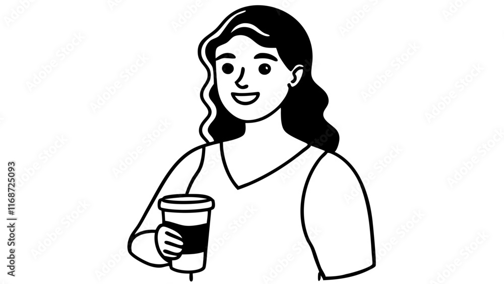 Savoring the Moment, Young Woman Enjoying Freshly Brewed Takeaway Coffee - Line Art Concept Savoring the Moment, Young Woman Enjoying Freshly Brewed Takeaway Coffee - Line Art Concept