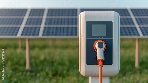 Electric Vehicle Charger Market concept. Solar panel with electric vehicle charger in a green field setting. photo