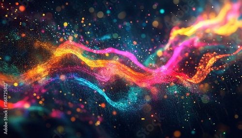 A vibrant background with colorful light rays and glowing particles
