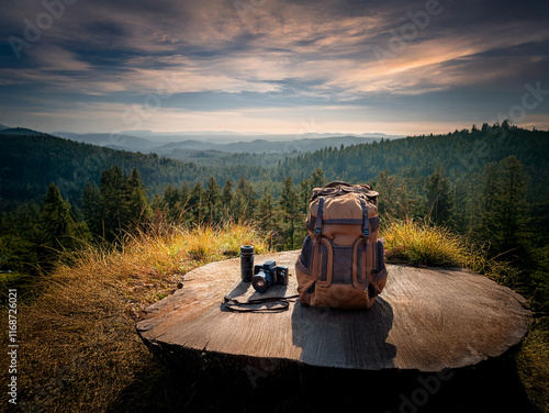 A tan backpack and camera rest on a tree stump overlooking a vast, scenic vista of rolling hills and a dense forest at sunset. The sky is a mix of clouds and warm colors. photo