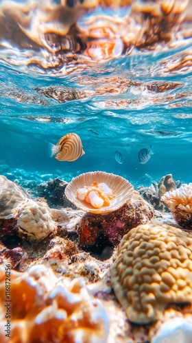 Vibrant underwater scene showcasing coral reef, tropical fish, and seashells.  Crystal-clear water and abundant marine life. photo