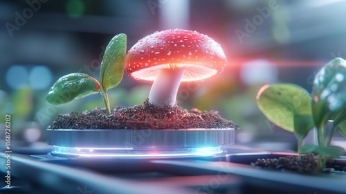 Futuristic Smart Fungus Farm with Digital Data Holograms. Generative AI photo