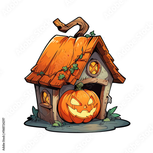 Spooky Halloween Pumpkin House: A whimsical illustration of a charming, haunted cottage with a glowing jack-o'-lantern at its entrance, perfect for autumn celebrations. photo