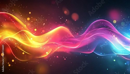 A vibrant background with colorful light rays and glowing particles
