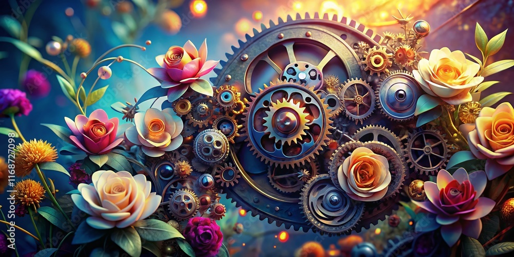 Double Exposure: Robotic Gears & Nature's Bloom - Futuristic Technology Stock Photo Double Exposure: Robotic Gears & Nature's Bloom - Futuristic Technology Stock Photo