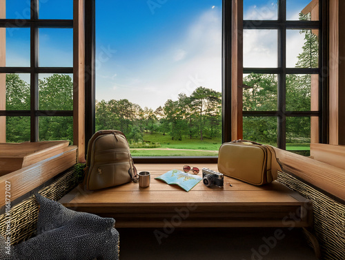 Serene view from a window seat.  Bags, map, and camera suggest travel plans.  Wooden window frames and a peaceful landscape invite relaxation and adventure. photo