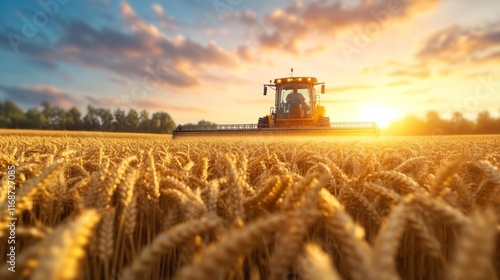 Golden wheat field at sunrise with modern harvester working. Generative AI photo