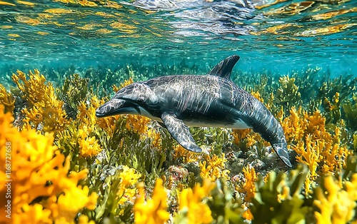 A dolphin swims gracefully through vibrant yellow coral reef. photo