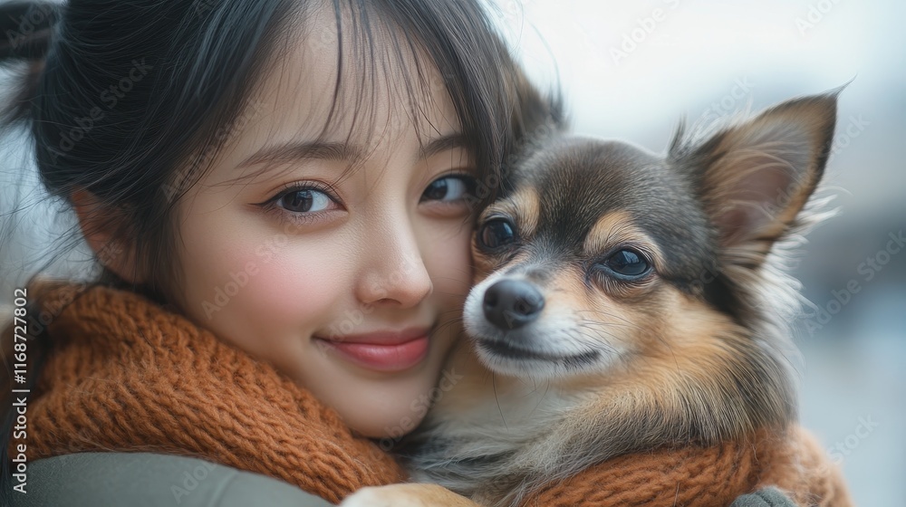 Close-up of a smiling woman embracing her Chihuahua, both wrapped in warm winter attire, showcasing a bond of affection. Close-up of a smiling woman embracing her Chihuahua, both wrapped in warm winter attire, showcasing a bond of affection.