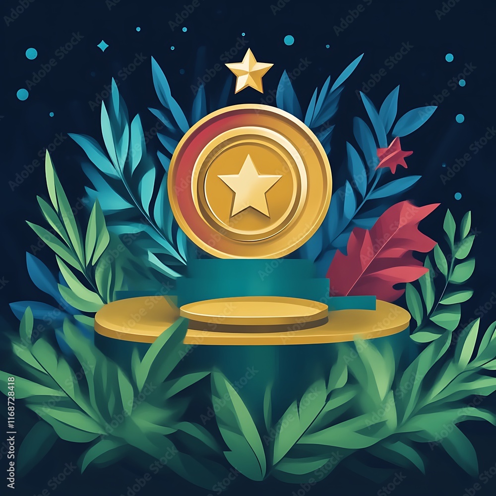 Golden Star Award on Green Foliage Display Stand