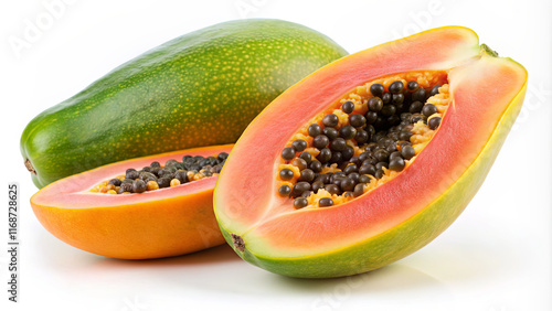 Wallpaper Mural Brightly colored papayas sit on a white surface, with one fruit cut open to reveal its rich orange flesh and numerous black seeds, illustrating its tropical origin Torontodigital.ca
