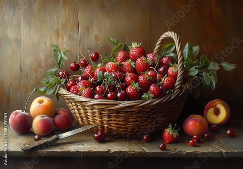 Freshly Harvested Berries and Fruits Displayed in a Rustic Basket on a Wooden Surface, Showcasing Nature's Bounty with Vibrant Colors and Textures