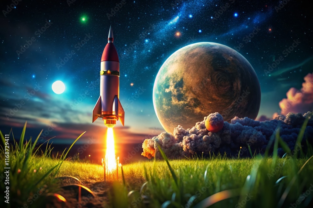 Low Light Toy Rocket Launch, Night Sky, Planet Background - Stock Photo Low Light Toy Rocket Launch, Night Sky, Planet Background - Stock Photo