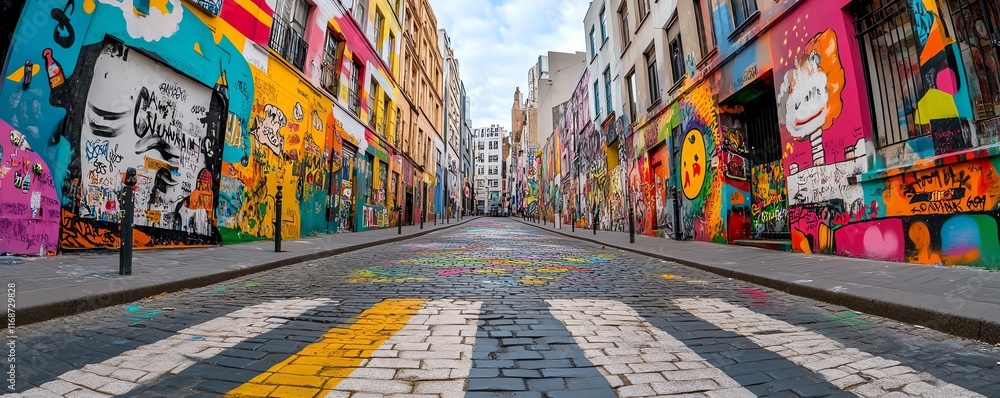 Fototapeta premium Vibrant street art adorns a narrow cobblestone alleyway, creating a captivating urban landscape