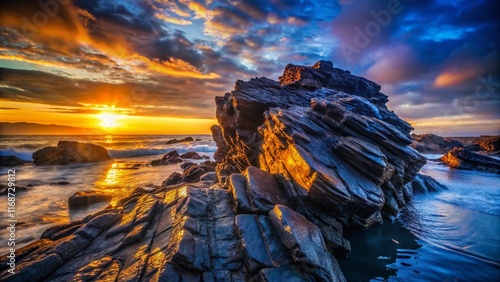 Dramatic Black Rock Formation at Sunrise, High-Resolution Stock Photo photo