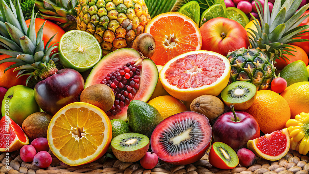 A diverse collection of fresh tropical fruits showcases bright colors and textures. Pineapples, kiwis, oranges, and papayas are artistically arranged. Perfect for a summer gathering A diverse collection of fresh tropical fruits showcases bright colors and textures. Pineapples, kiwis, oranges, and papayas are artistically arranged. Perfect for a summer gathering
