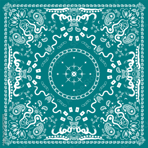 Green-blue bandana print. abstract bandana background. snake, apple, flowers, mask, chain, playing cards, decorative geometric line ornament. Silk neck scarf or kerchief square pattern design.
