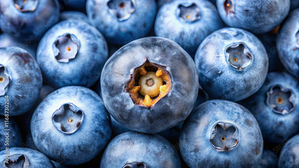 Close up of a cluster of fresh blueberries displaying their rich blue color and unique shapes. Water droplets glisten on their surface, highlighting their freshness Close up of a cluster of fresh blueberries displaying their rich blue color and unique shapes. Water droplets glisten on their surface, highlighting their freshness