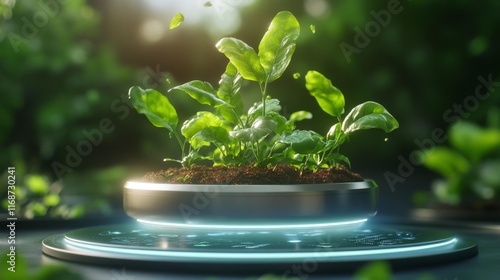 Futuristic levitating plants on magnetic fields in a digital smart orchard. Generative AI photo