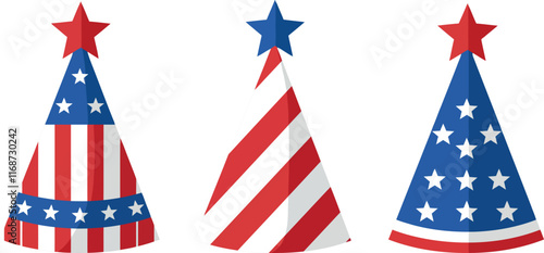 Party hats in red, white, and blue colors with stars, ideal for 4th of July celebrations and patriotic events.