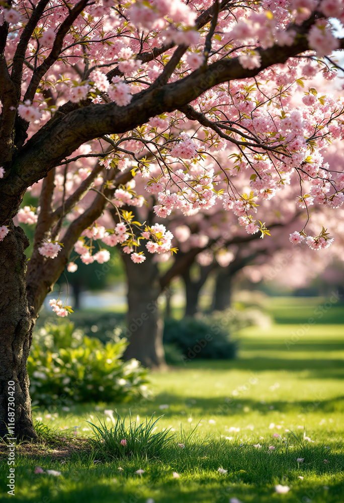 Blooming pink cherry blossom trees in a lush green garden on a sunny day Blooming pink cherry blossom trees in a lush green garden on a sunny day