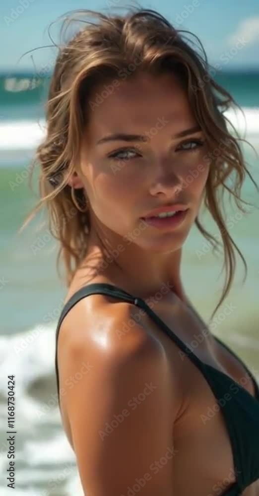 A woman in a polka-dot bikini standing at the beach. A woman in a polka-dot bikini standing at the beach.