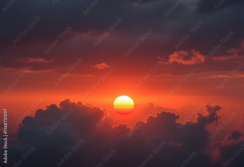 Obraz premium Dramatic orange sunset with a large sun peeking through clouds