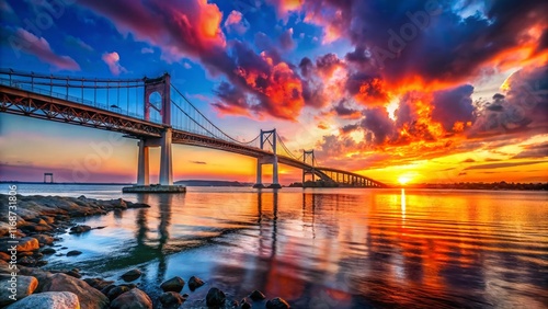 Dramatic Sunset over Jamestown Verrazzano Bridge, Narragansett Bay, Rhode Island