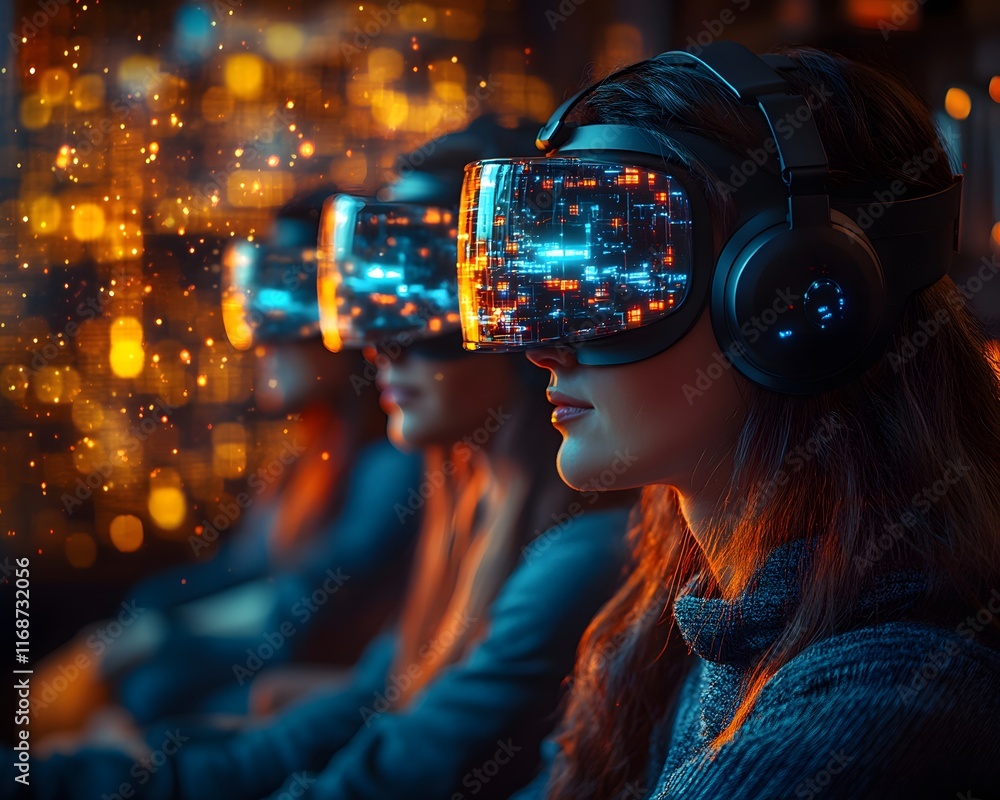 A group of friends in a living room, wearing VR headsets, immersed in a glowing grid of a futuristic virtual world. The scene is vibrant and exciting, ideal for showcasing VR technology. A group of friends in a living room, wearing VR headsets, immersed in a glowing grid of a futuristic virtual world. The scene is vibrant and exciting, ideal for showcasing VR technology.