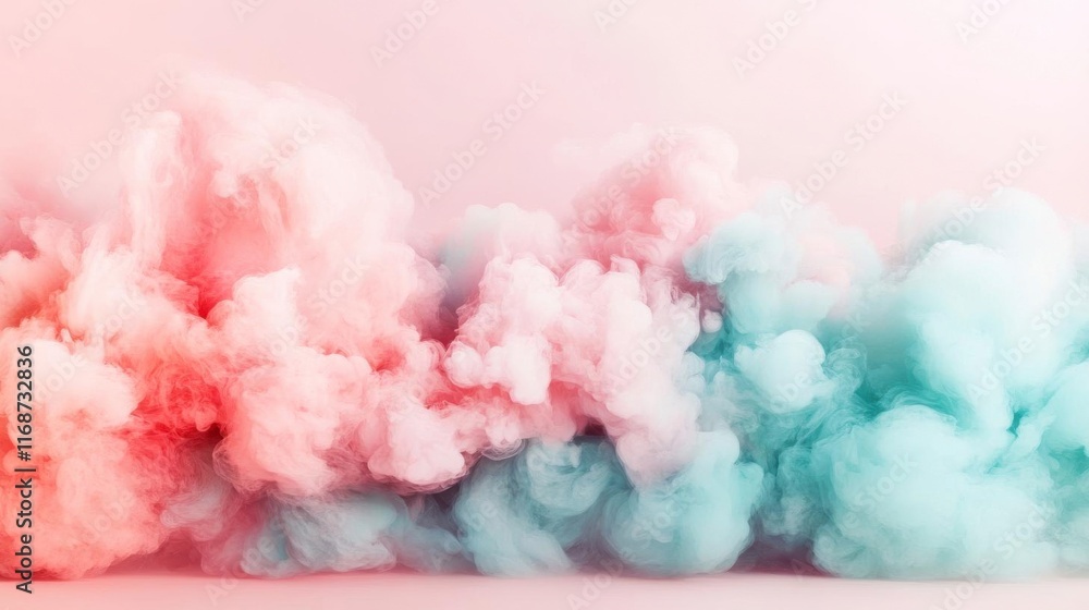 Fototapeta premium Dreamy pastel clouds swirl in soft pink and blue hues, creating a serene and ethereal atmosphere.