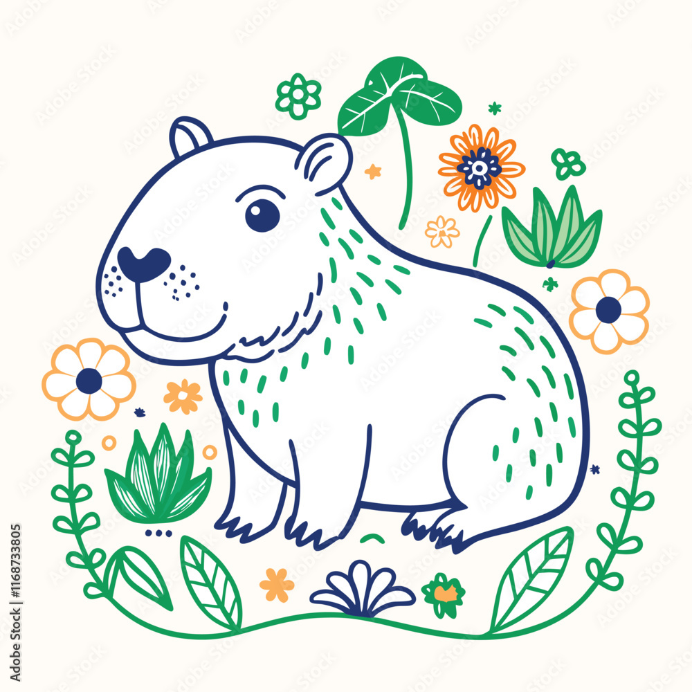 Naklejka premium hand drawn bear with leaves and flowers in vector illustration