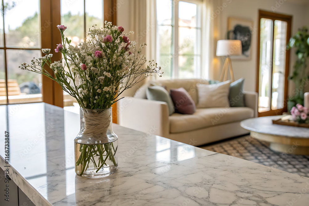 A modern living space with a marble countertop, wildflowers, and warm natural light from a large window. Cozy and stylish A modern living space with a marble countertop, wildflowers, and warm natural light from a large window. Cozy and stylish