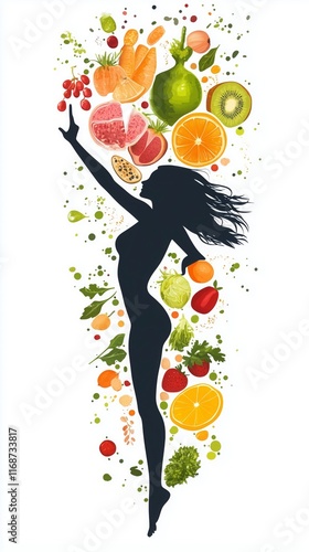 Digital art of a woman in a yoga pose made entirely of fruits and vegetables, symbolizing health, wellness, and a balanced lifestyle. Perfect for fitness and nutrition themes.