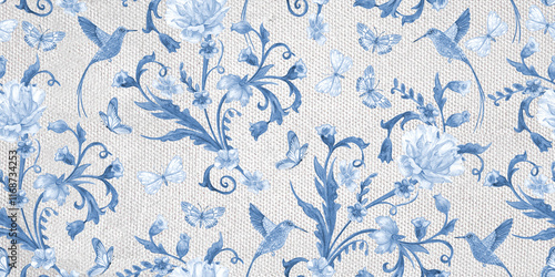 seamless watercolor painting texture of monochrome blue floral pattern with rose flowers, butterflies and hummingbirds on grey canvas background