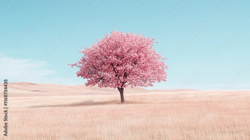 Serene cherry blossom tree in minimalist landscape nature photography tranquil environment soft colors Serene cherry blossom tree in minimalist landscape nature photography tranquil environment soft colors