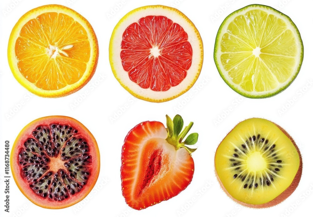 Vibrant and Fresh Citrus and Berry Slices Displayed in a Beautiful Arrangement Showcasing the Varied Colors and Textures of Different Fruit Types