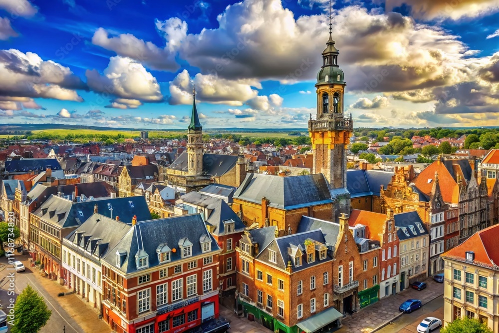 Naklejka premium Dunkirk Cityscape: Panoramic View from St Eloi Belfry