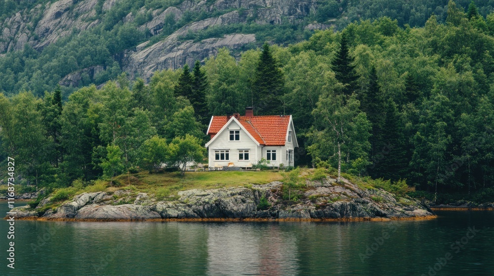 Serene house on an island surrounded by lush greenery. Serene house on an island surrounded by lush greenery.
