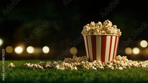 Oversized popcorn bucket surrounded by scattered kernels outdoor movie night food photography evening close-up focus photo