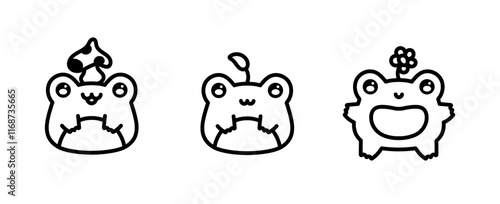 Cute linear frogs. Kawaii froggie pack. Emoticons with different emotions. Green frog. Baby animals bundle for childish stickers. Black outline illustration. Coloring book page.   photo