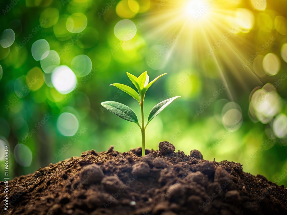 Lush Green Plant Sprouting in Soil, Renewable Energy Concept - Bokeh Background Lush Green Plant Sprouting in Soil, Renewable Energy Concept - Bokeh Background