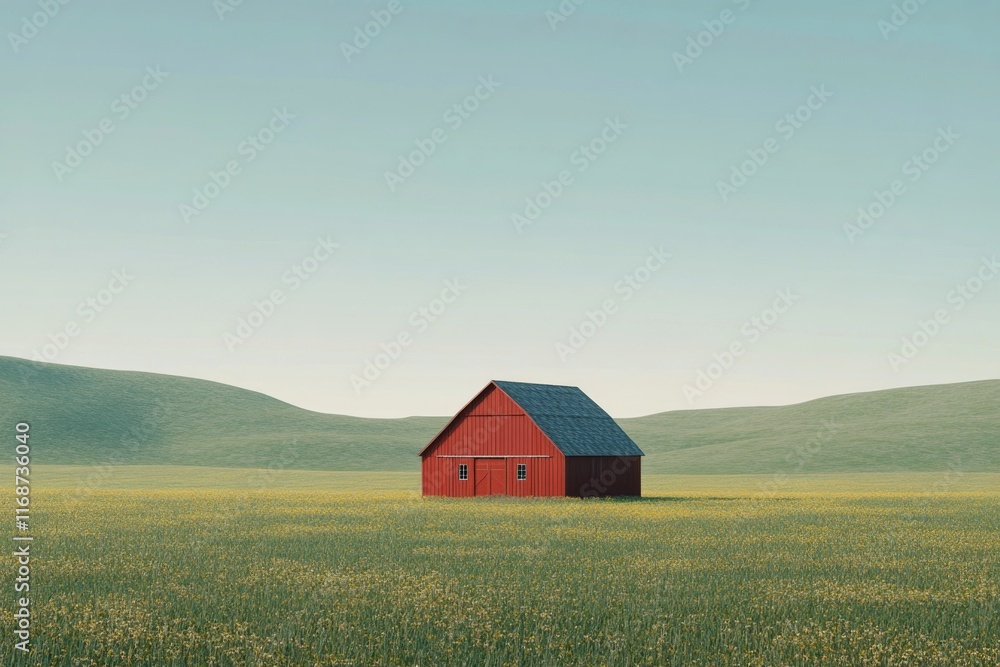 Red barn stands alone in a vast green field under a clear blue sky Red barn stands alone in a vast green field under a clear blue sky