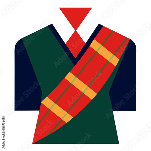 Tartan sash worn over shoulder with highland attire on transparent background, traditional 