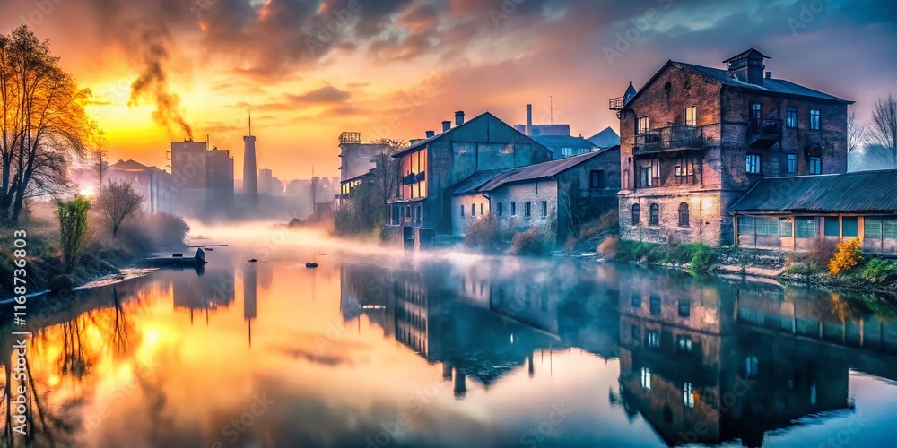 Naklejka premium Eerie Dawn Fog Over River, Urban Exploration Photography