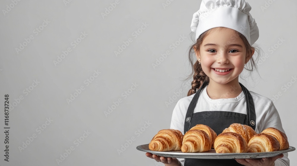 Little girl in chef's hat and apron holding tray with freshly baked croissants, smiling, gray background, with space for text Little girl in chef's hat and apron holding tray with freshly baked croissants, smiling, gray background, with space for text