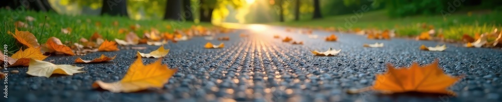 Fototapeta premium Asphalt surface in park with scattered leaves, landscape, outdoor, terrain