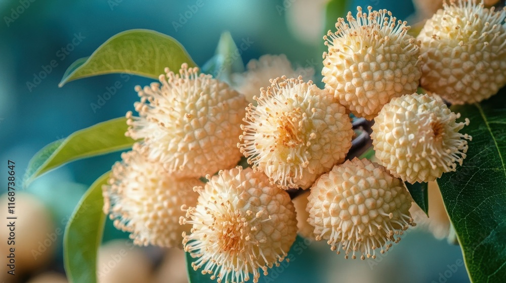 Vibrant clusters of blooming flowers on a tree branch basking in soft sunlight in a serene garden setting Vibrant clusters of blooming flowers on a tree branch basking in soft sunlight in a serene garden setting