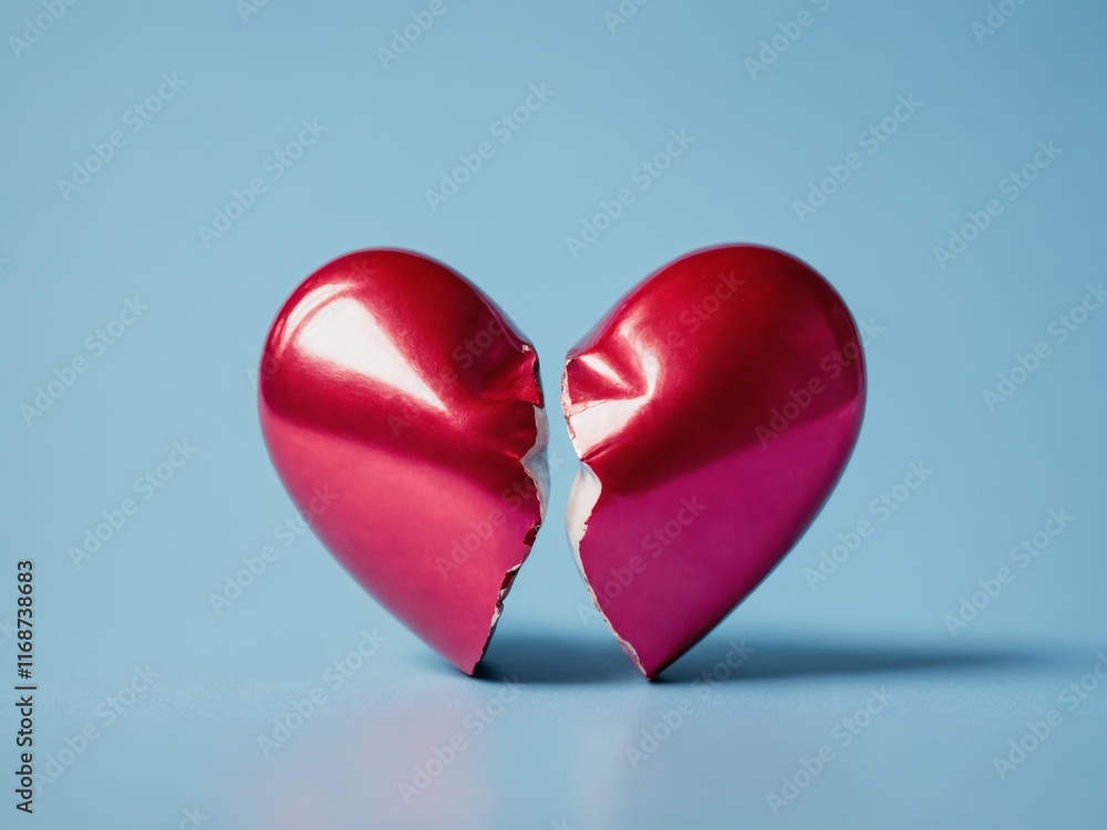 Broken red heart shape on blue background Broken red heart shape on blue background